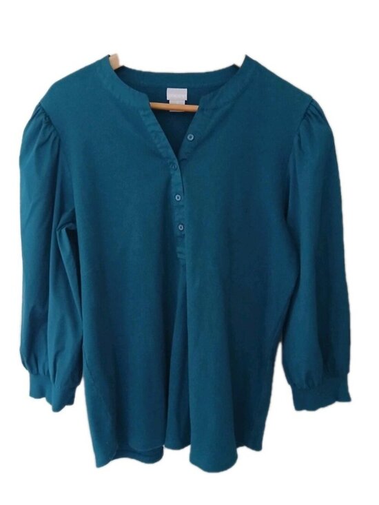 Chico's Tops - Chico's Ribbed Henley Balloon Sleeve Mixed Media Top